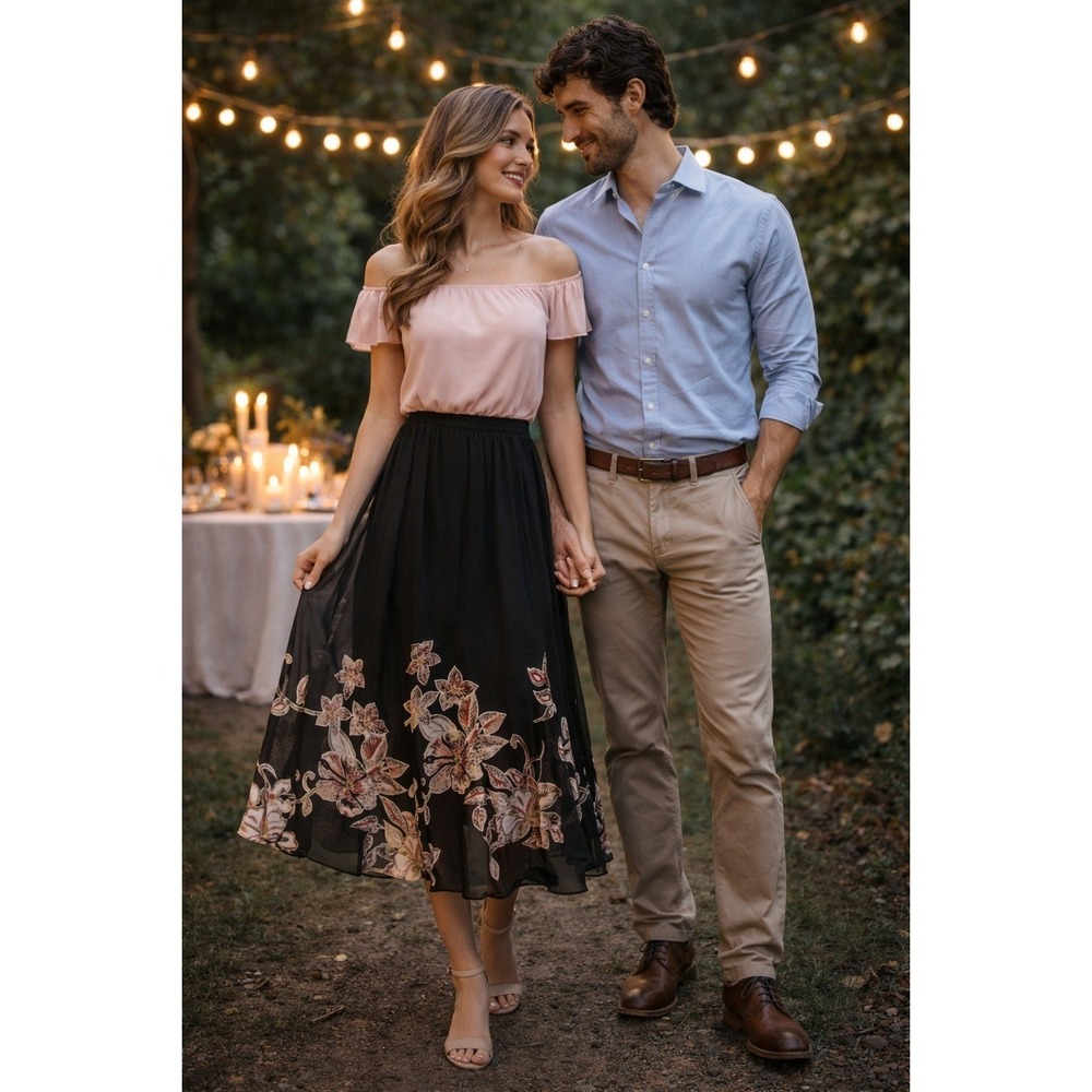 Boho Beaded Romantic Wedding Date Black Pink Floral Chiffon Petite L Midi Skirt